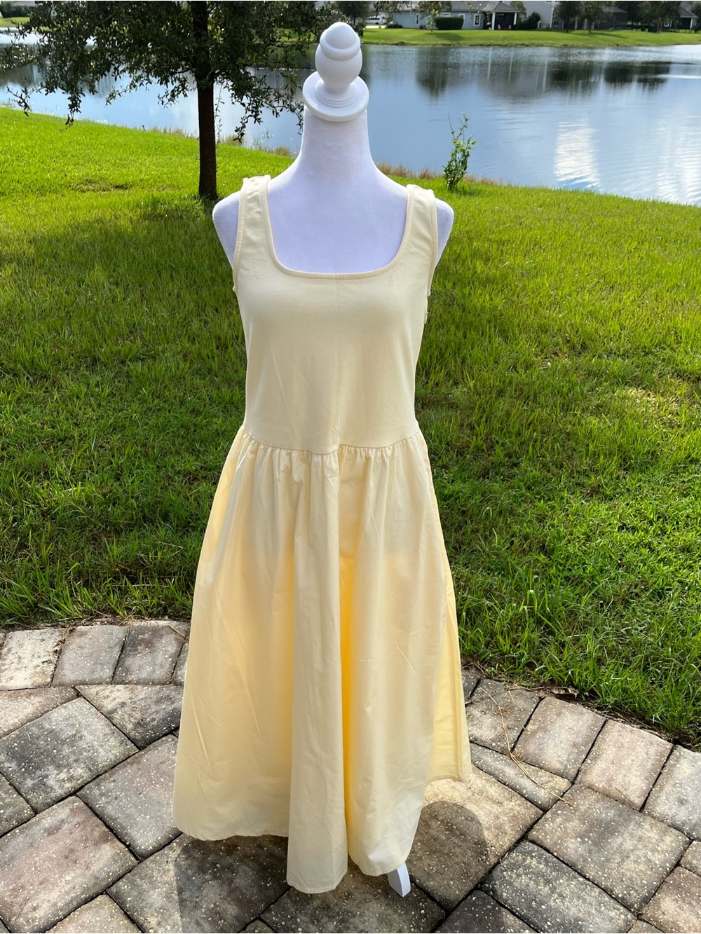 NWT Quince Organic Cotton Mixed Media Tank Dress in Pale Custard Yellow Size M